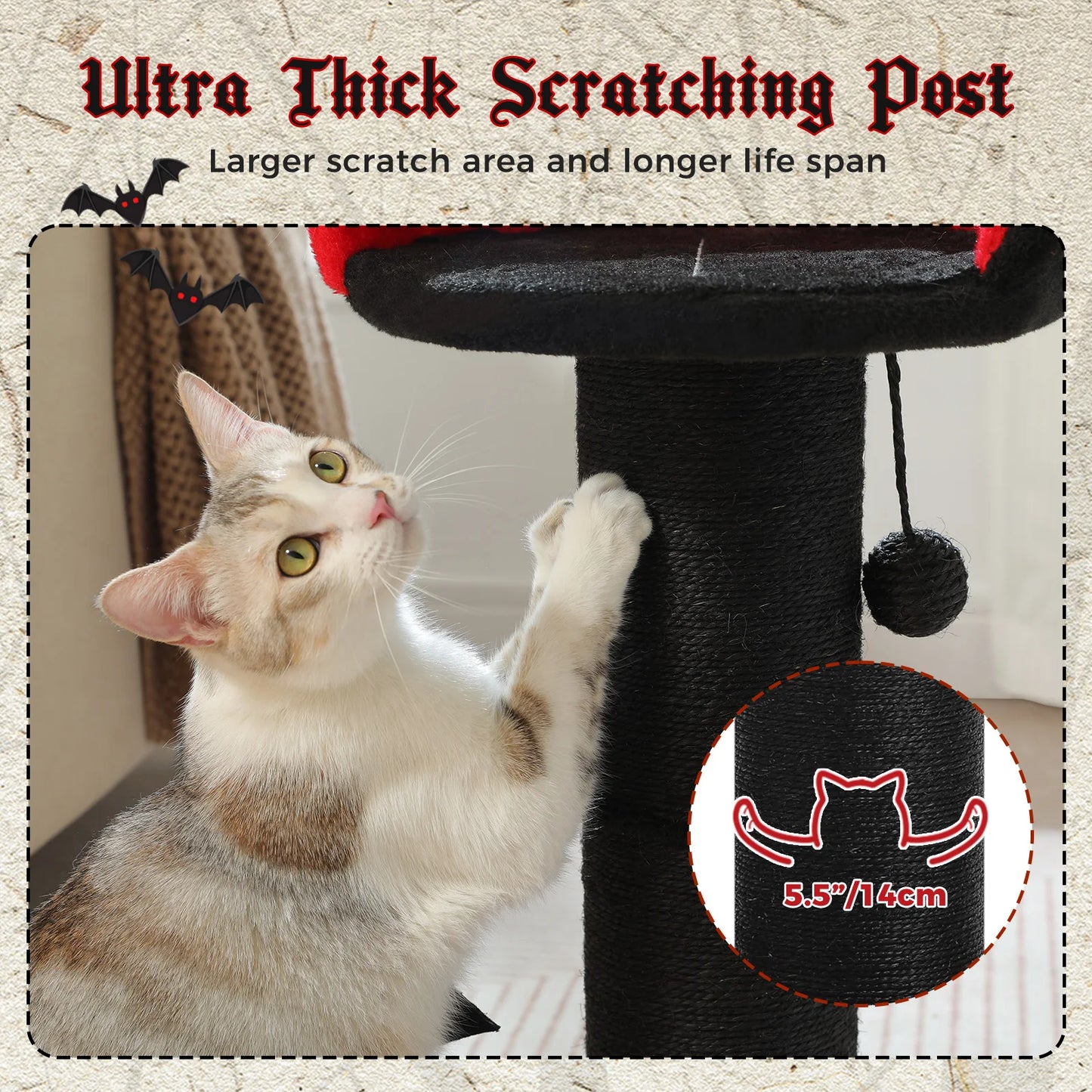 Stable Black Gothic Cat Scratching Post with Super Thick Scratching Post,Removable Spiderweb Pattern Cat Bed,Spring Ball,Cat Toy