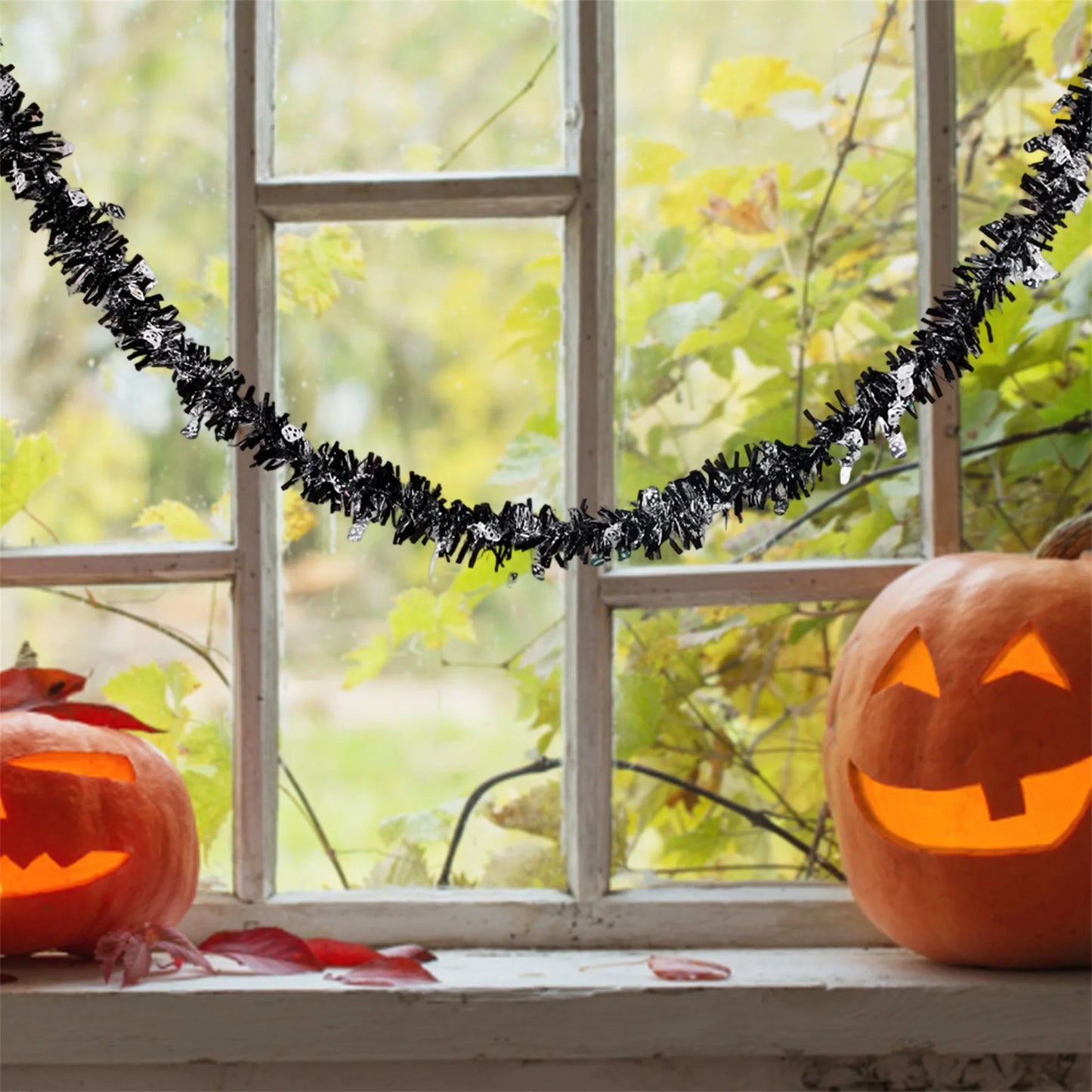 Halloween Spider Web Tinsel Garland with Ghosts Witches Spiders for Mantel Hanging Party Decorations and Wall Art
