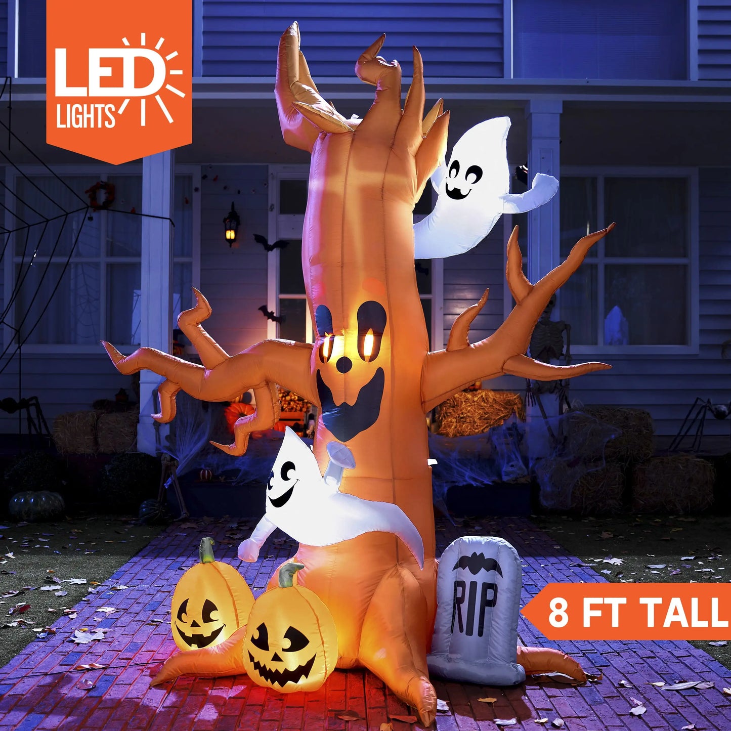Joyfy 8 FT Halloween Inflatable Scary Tree Halloween Tree with Ghost and Build-in LEDs Blow up Yard Halloween Inflatables