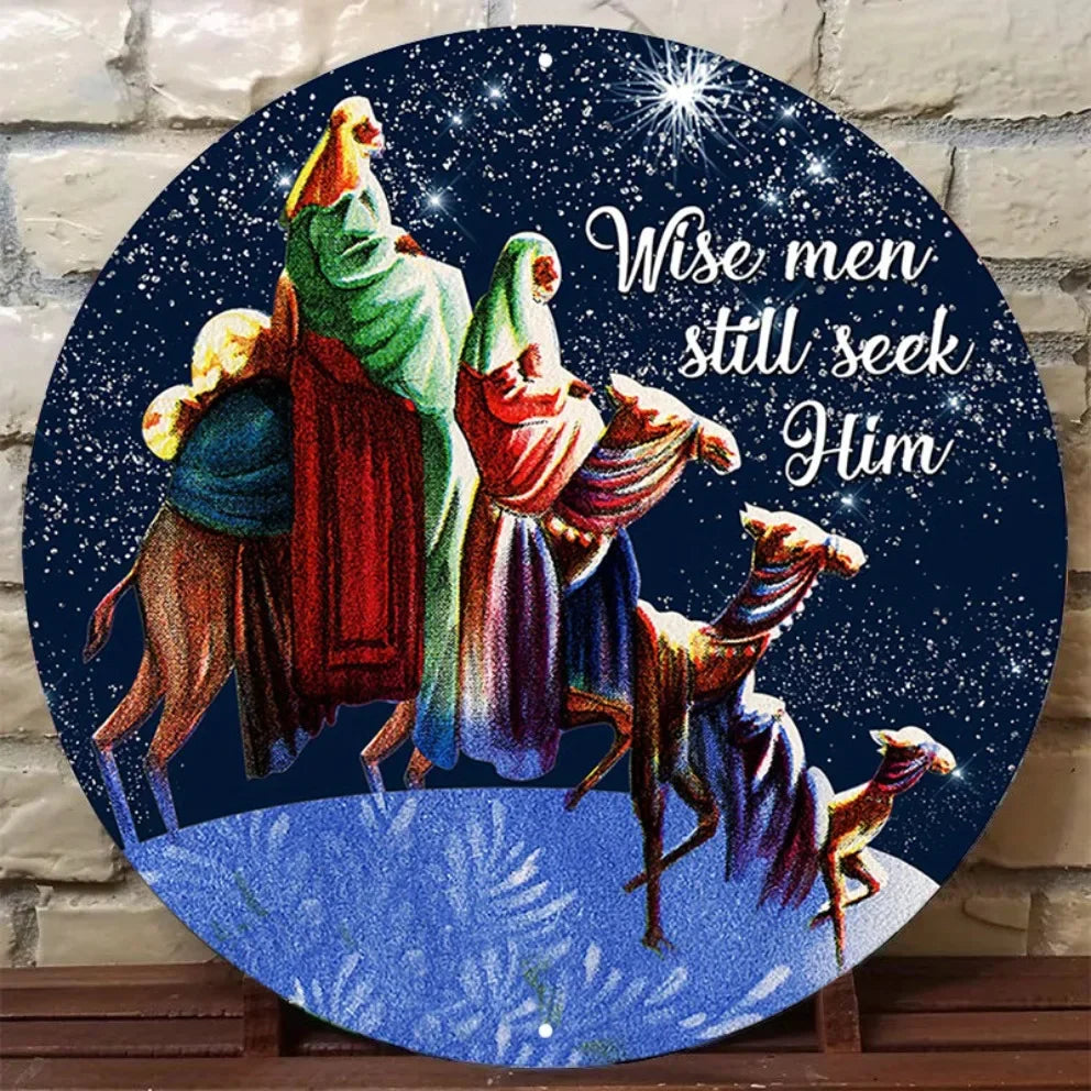 1PC Round Nativity Scene Metal Wall Art -2D "Wise Men Still Seek Him"Vintage Religious Sign|Retro Holiday Plaque for Home,Church