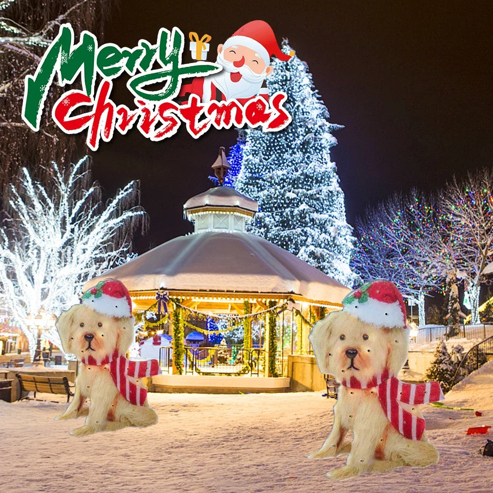 Mimic Dog Shape Sign Waterproof Light Up Puppy Figurine Wearing Xmas Hat Acrylic for Home Garden Front Pathway Walkway