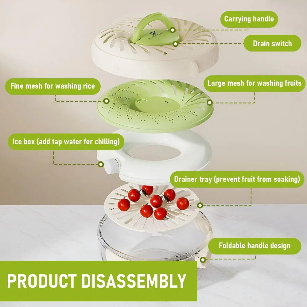 2 in 1 Drainer, 2 in 1 Drainer and Strainer with Ice Box Preservation, Bilayer Collapsible Fruit Washing Basket with Cover and H