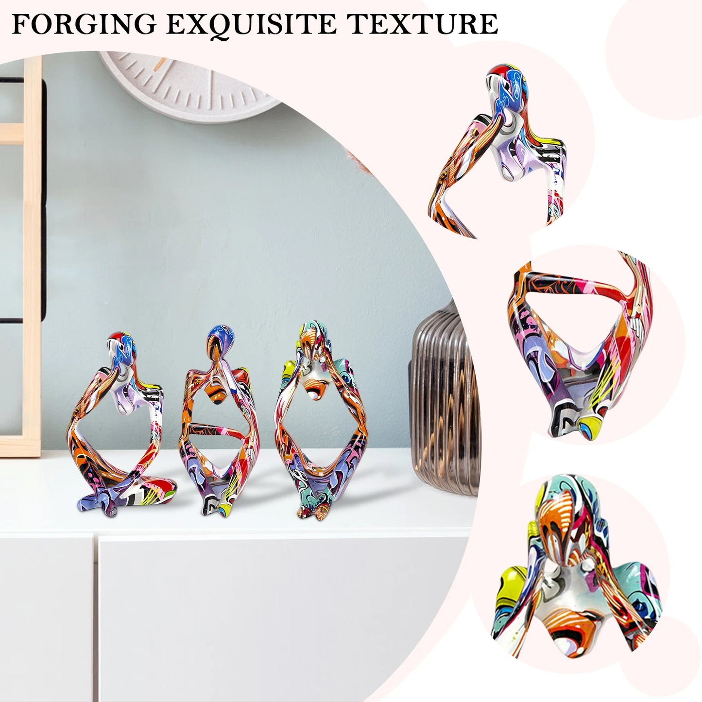 3pcs Thinker Statues Art Graffiti Resin Abstract Character Figurines Ornaments Handicraft Home Decor for Living Room
