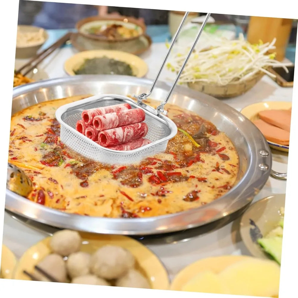 Stainless Steel Mesh Colander with Hook – Foldable Strainer for Hot Pot Deep Frying Noodles – Sturdy Kitchen Tool for Home Cook