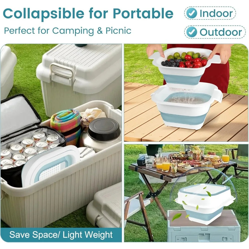 Collapsible Colander Set with Strainer Bowl, 2 in 1 Fruit Washing Basket with Strainer, 5 + 3 QT Plastic Colanders for Kitchen,