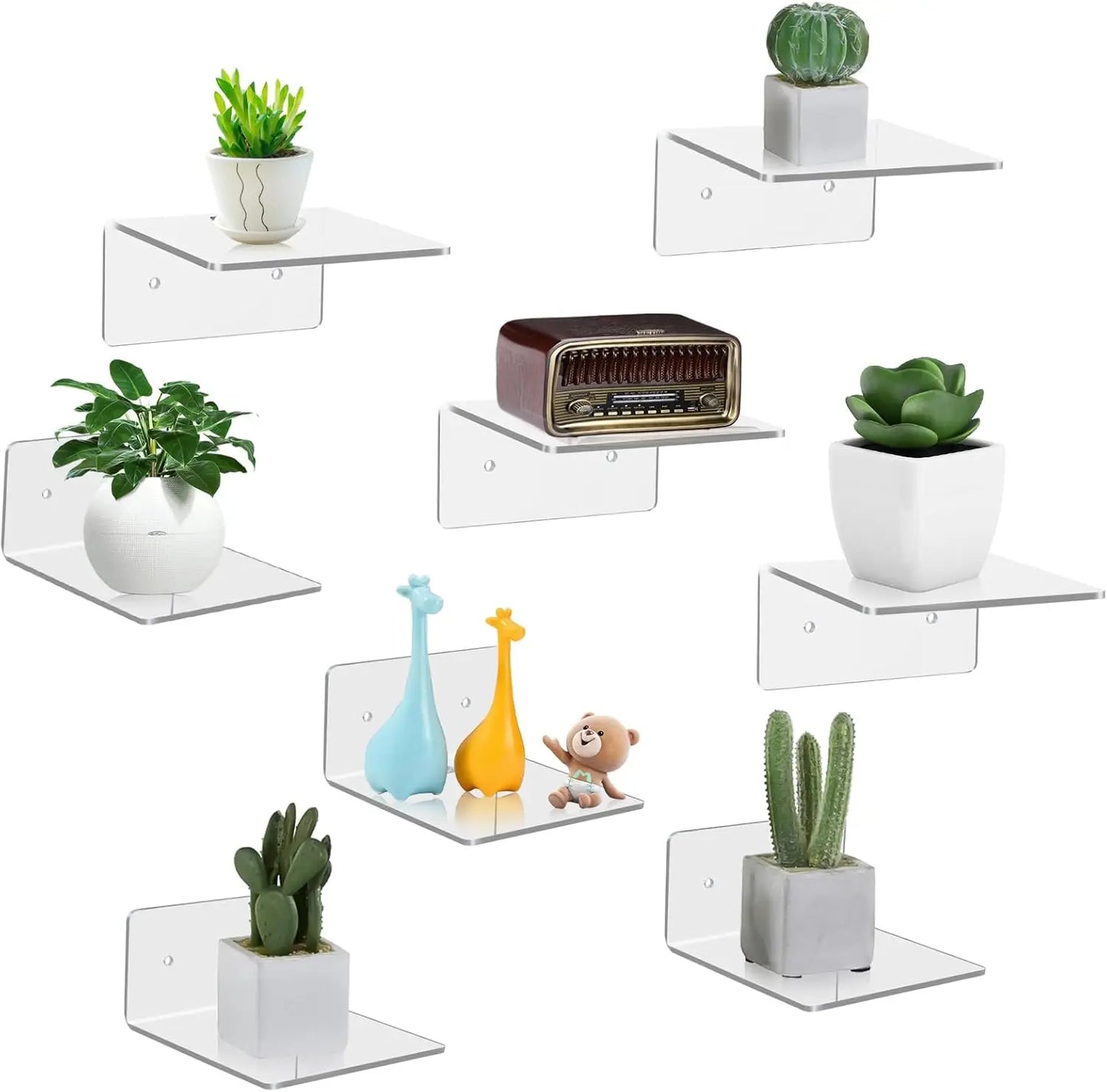 4 Pack Small Wall Shelf, 4'' Acrylic Wall Shelves Display Ledges for Storage & Decoration, Small Floating Shelf for Wall with 2