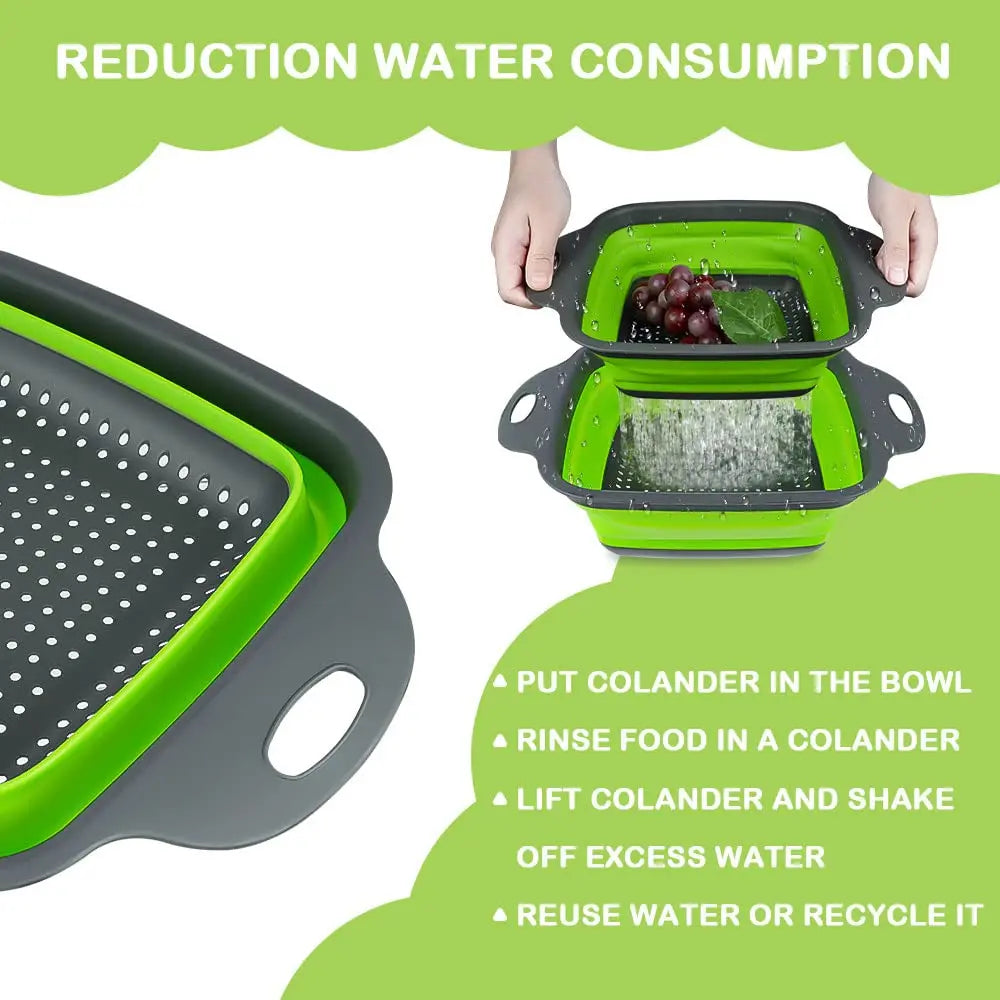 Two-piece foldable square silicone colander set with plastic handles for draining pasta, vegetables, and fruit.