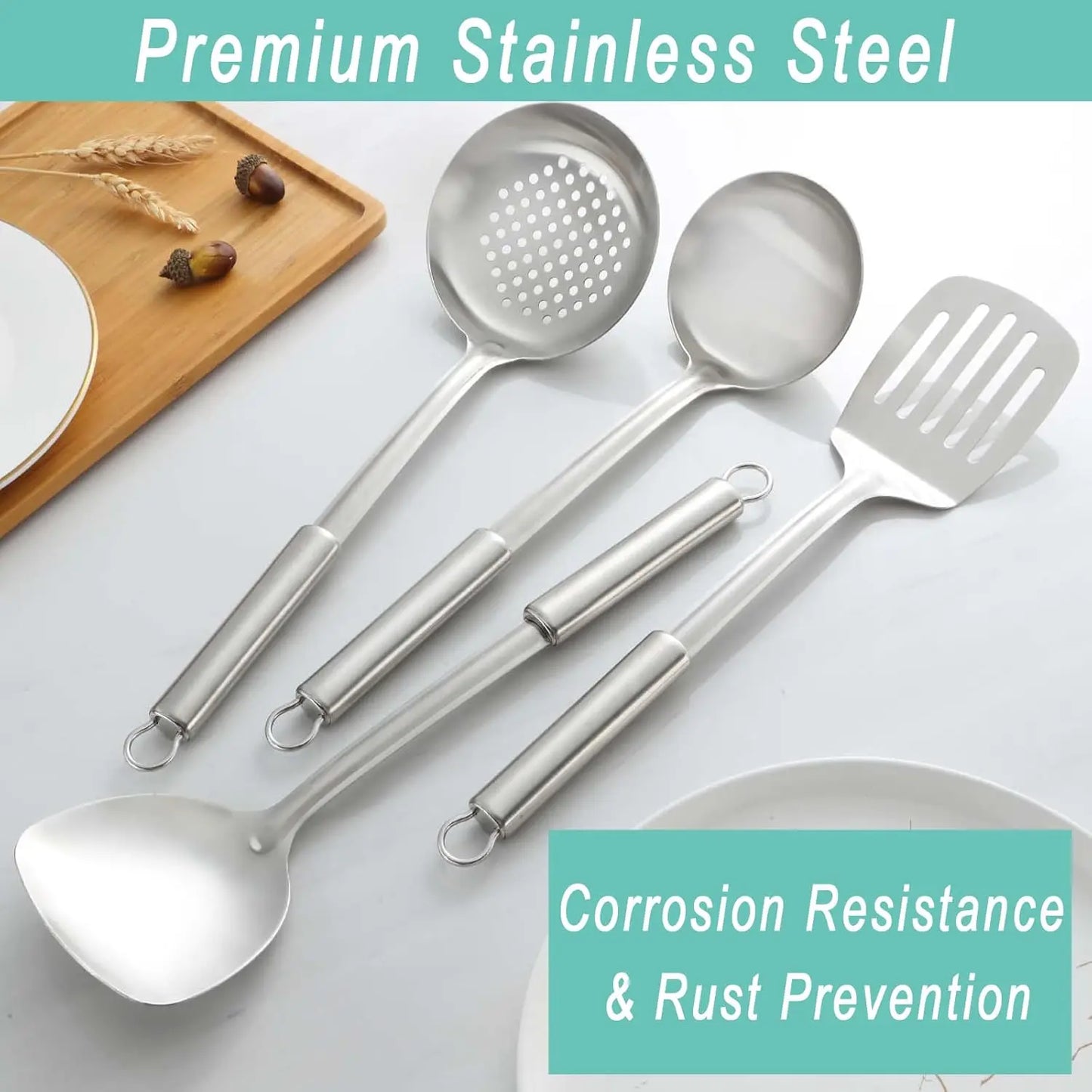 4-Pcs Cooking Utensils Set, Stainless Steel Kitchen Utensils, Wok Utensils Set Include Wok Ladle, Slotted Spoon, Wok Spatula an