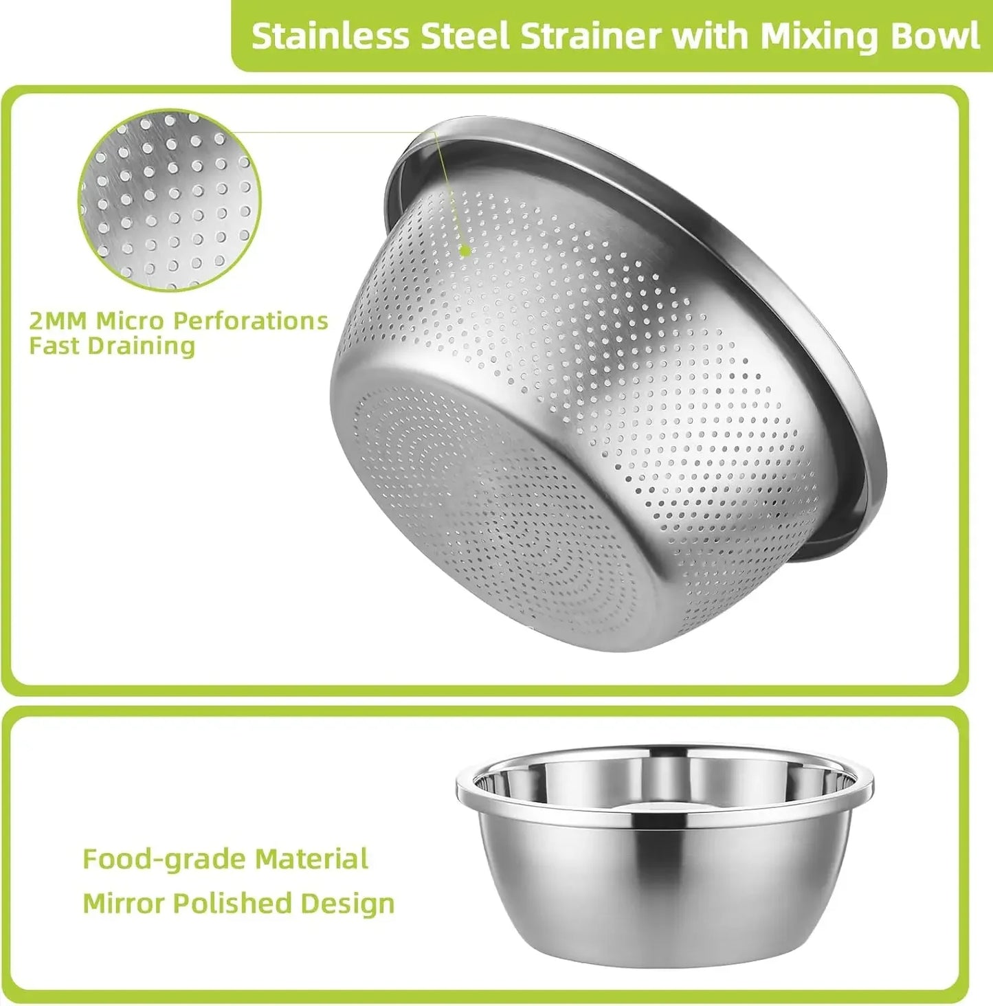 304 Stainless Steel Colander Microporous with Mixing Bowls, 2-Quart Strainers and Colanders for Kitchen, Food-Grade Strainer for