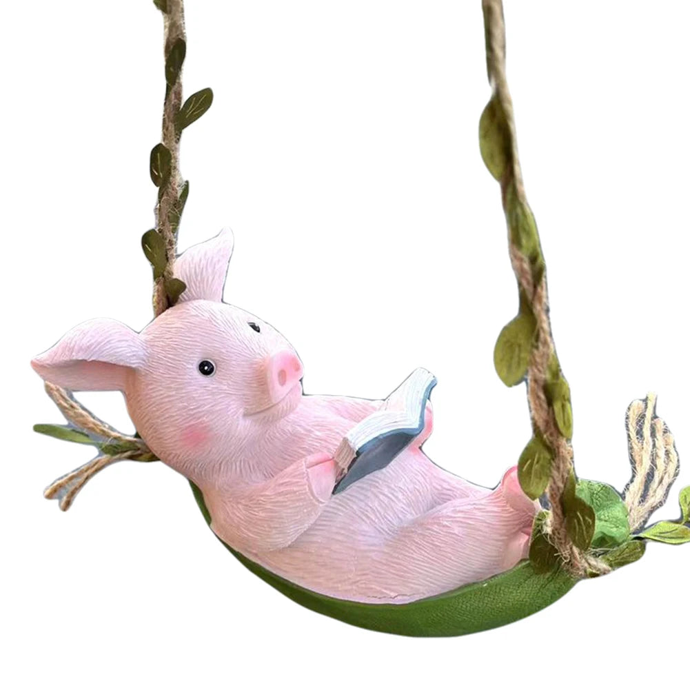 Decorative Piggy Shape Statue Waterproof Pig Swing Sculpture Ornament Lovely Pig Landscape for Outdoor Balcony Patio Tree Decor