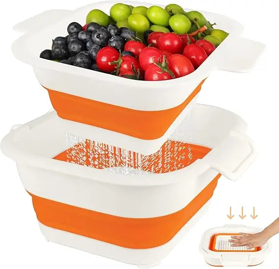 Collapsible Colander Set with Strainer Bowl, 2 in 1 Fruit Washing Basket with Strainer, 5 + 3 QT Plastic Colander for Kitchen, F