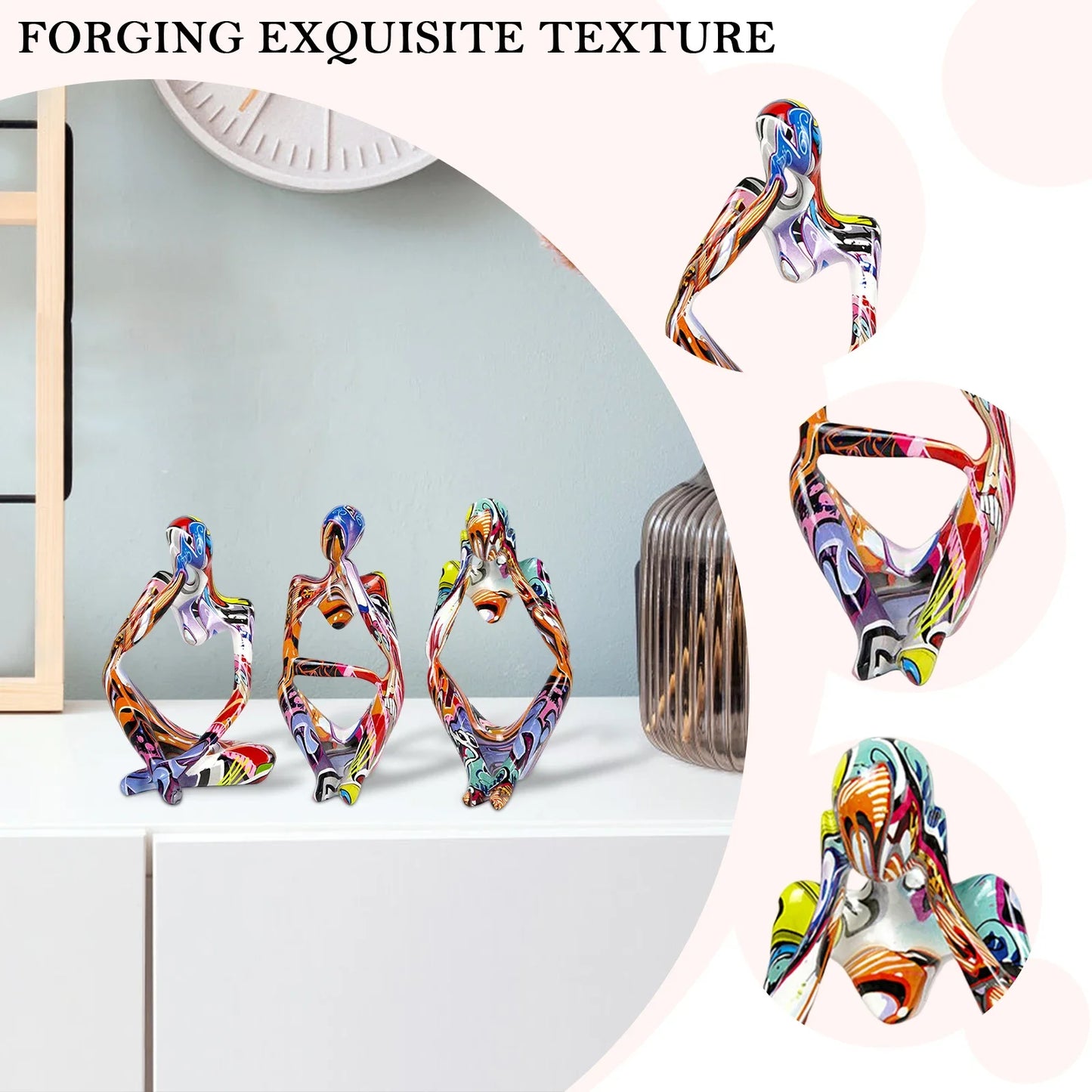 3pcs Abstract Art Sculpture Graffiti Resin Abstract Thinker Figure Statues Ornaments Mini Handicraft Home Decor for Living Room