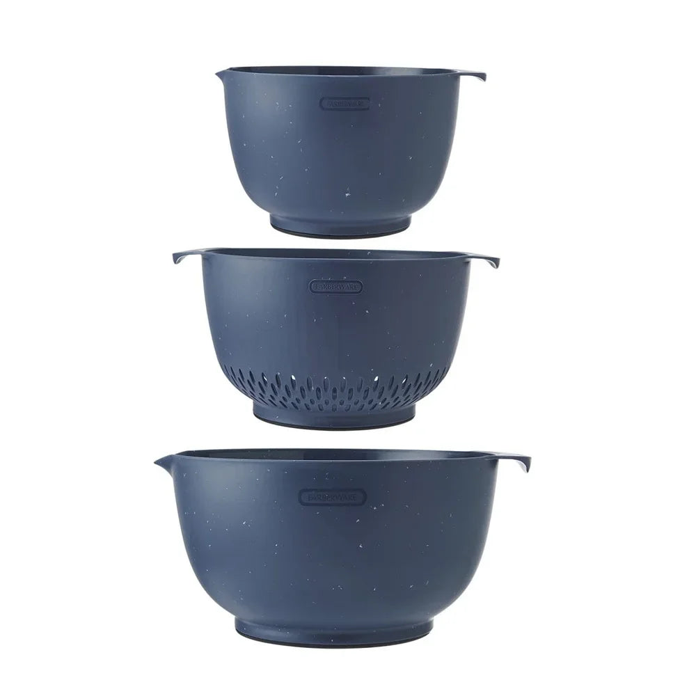 Pro Recycled 3 Piece Bowl Colander Set Non Slip Base Easy Pouring Multi Functional Dishwasher Safe Kitchen Prep Tools