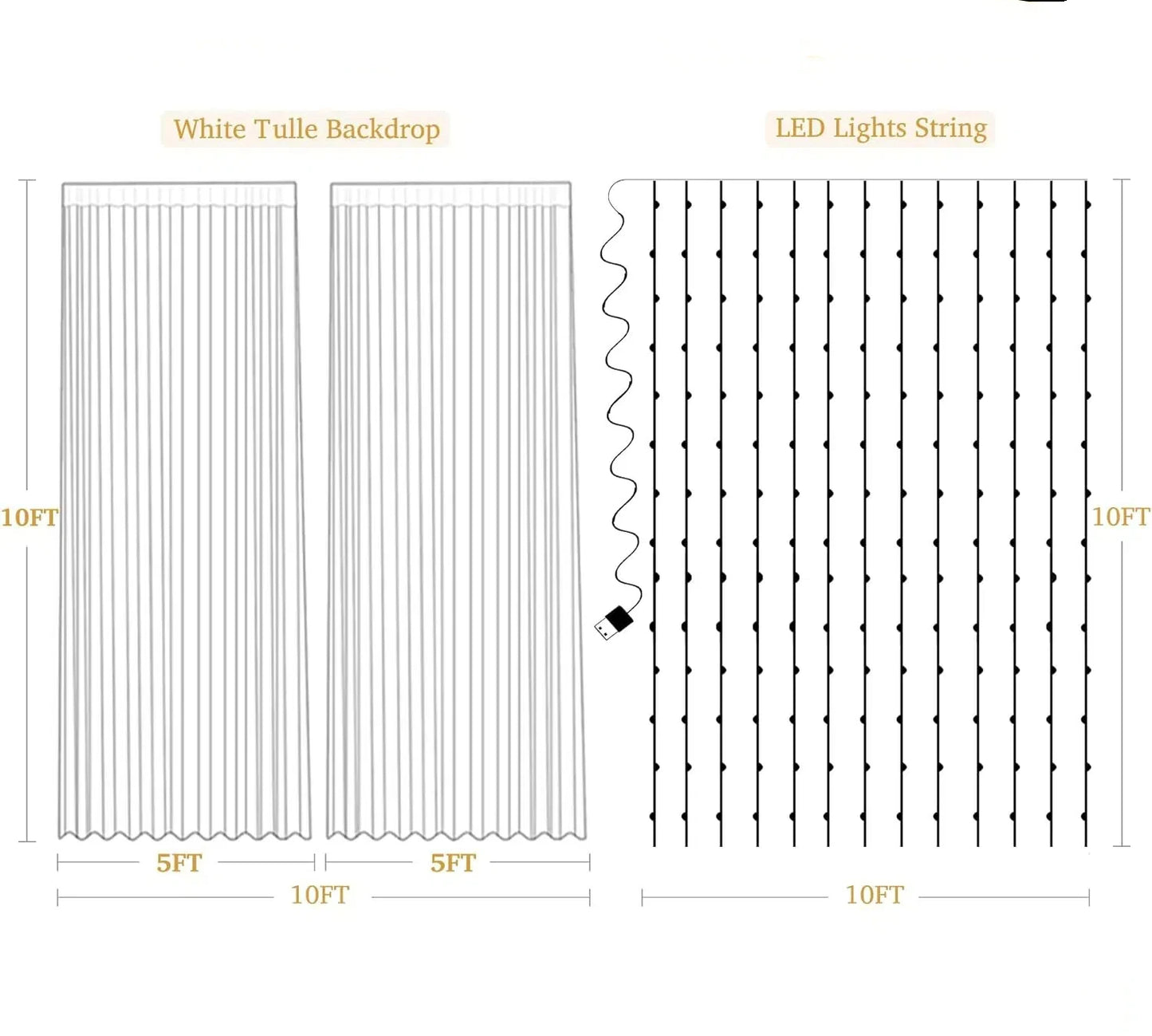 20ftx10ft Ivory Tulle Backdrop Curtain with Lights, 4 Panels 5x10ft Sheer Wrinkle Free Backdrop Drapes for Baby Shower Birthday