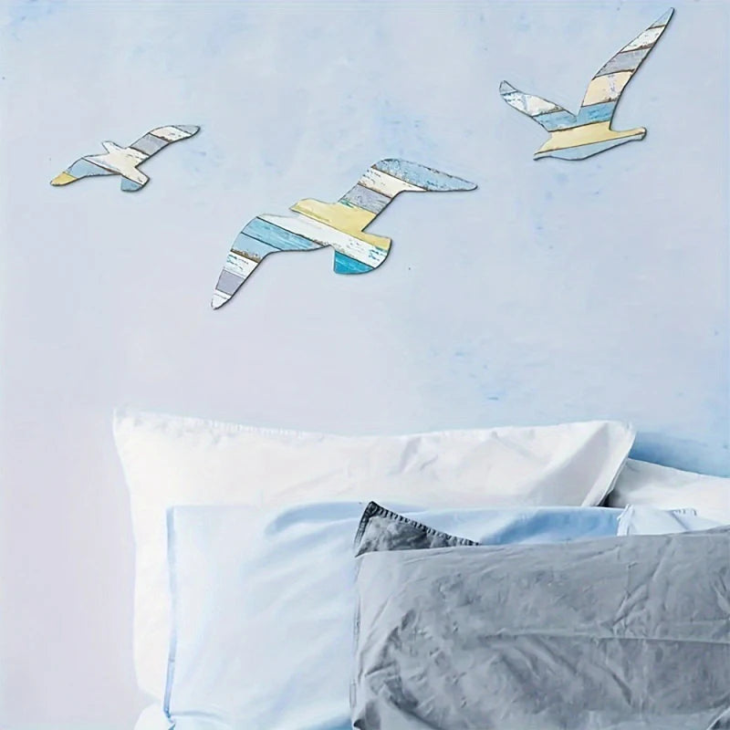 3-Piece Set Wooden Seagull Wall Decorations Nautical Coast Theme Retro Beach Marine Bird Living Room Bedroom Decoration