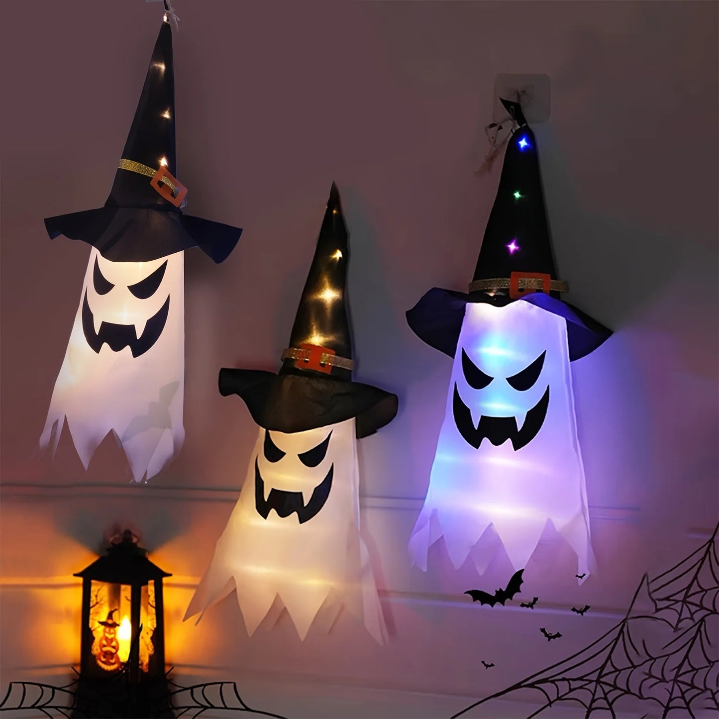 3pcs LED Ghost Lights, Halloween Wizard Hat Hanging Lamps, Plastic Battery-Powered Decorative Lights Spooky Outdoor Decor