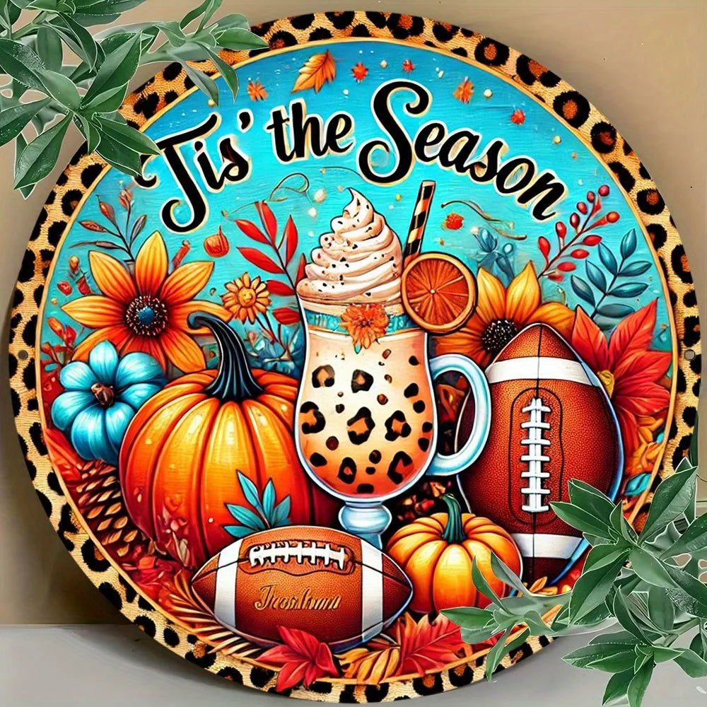 "Autumn Leopard Print Football Pumpkin Aluminum Sign – Wall Hanging Decor & Festive Wreath Accent | Perfect for Home Decor"