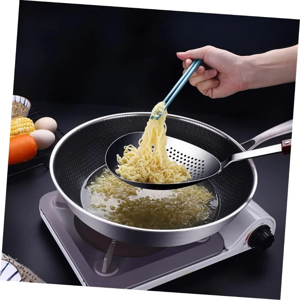 Stainless Steel Slotted Spoon Wooden Handle Food Serving Strainer for Hot Pot and Frying Kitchen Colander for Pasta and Oil Drai