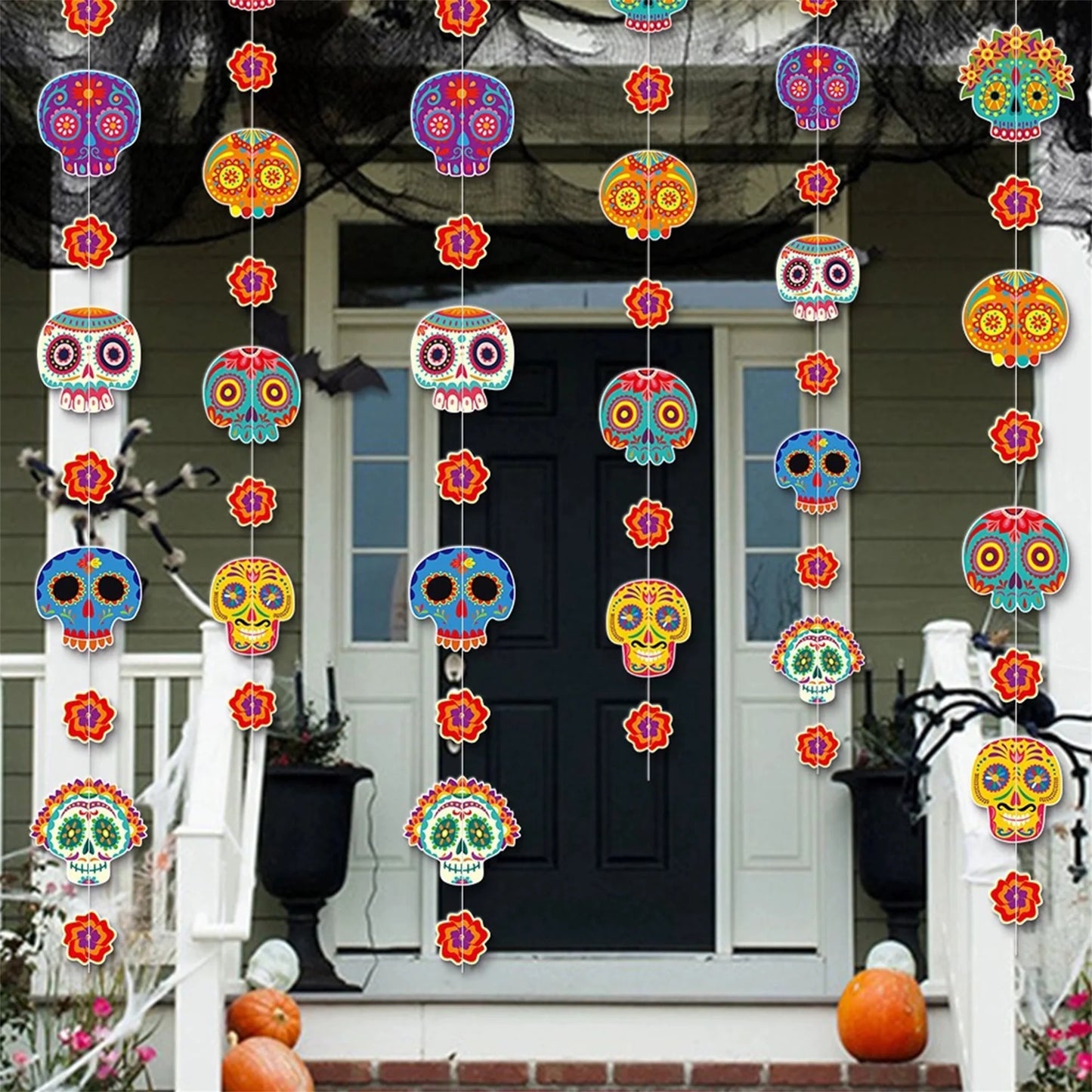Day of the Dead Party Supplies 8 Pcs Sugar Skull Decorations Mexican Fiesta Banner for Home Wall Door Hanging Decorations
