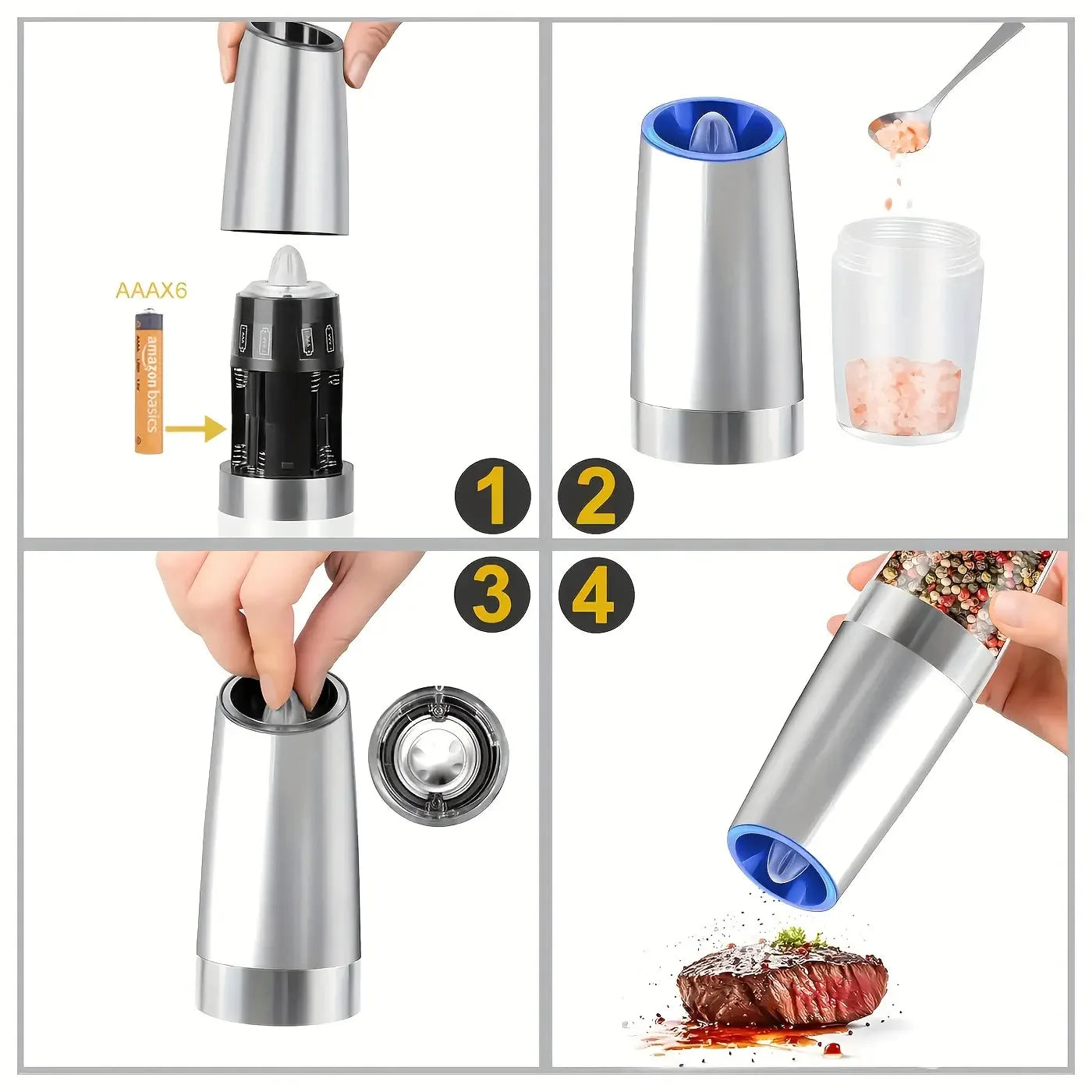 2-piece Automatic Seasoning Grinder, Adjustable Thickness,Battery powered, used for grinding spices such as pepper and sea salt