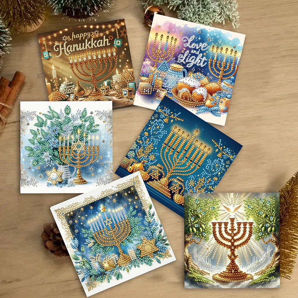 6PCS DIY Diamond Painting Greeting Card Set Hanukkah Pattern Diamond Art Greeting Cards for Birthdays Thanksgiving and Holidays