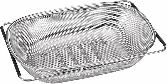 Over the Sink Colander Strainer Basket Stainless Steel, For Kitchen Sink with Rubber Non-slip Grip, Fine Mesh, Kitchen Multipurp