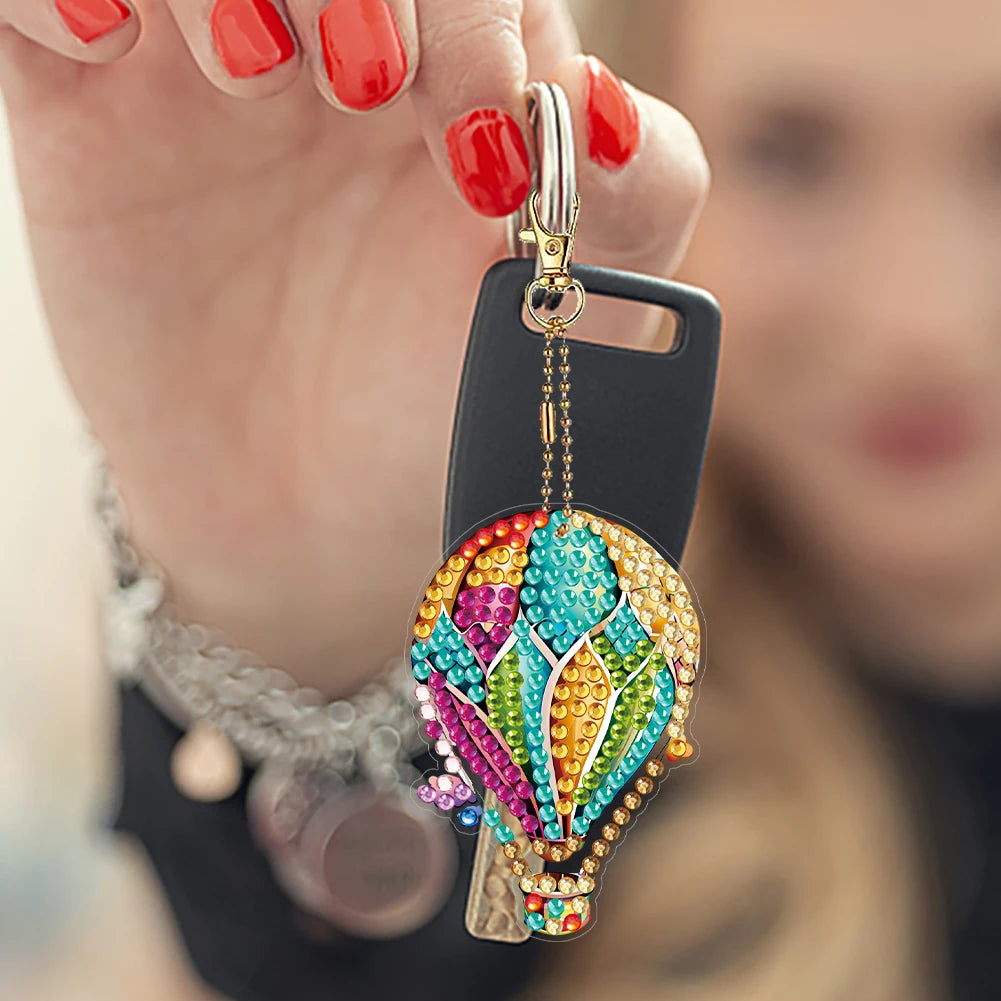 6Pcs Acrylic Double Sided Hot Air Balloon Full Drill Keyring Diamond Painting Art Keychain Pendant for Birthday Party Decor