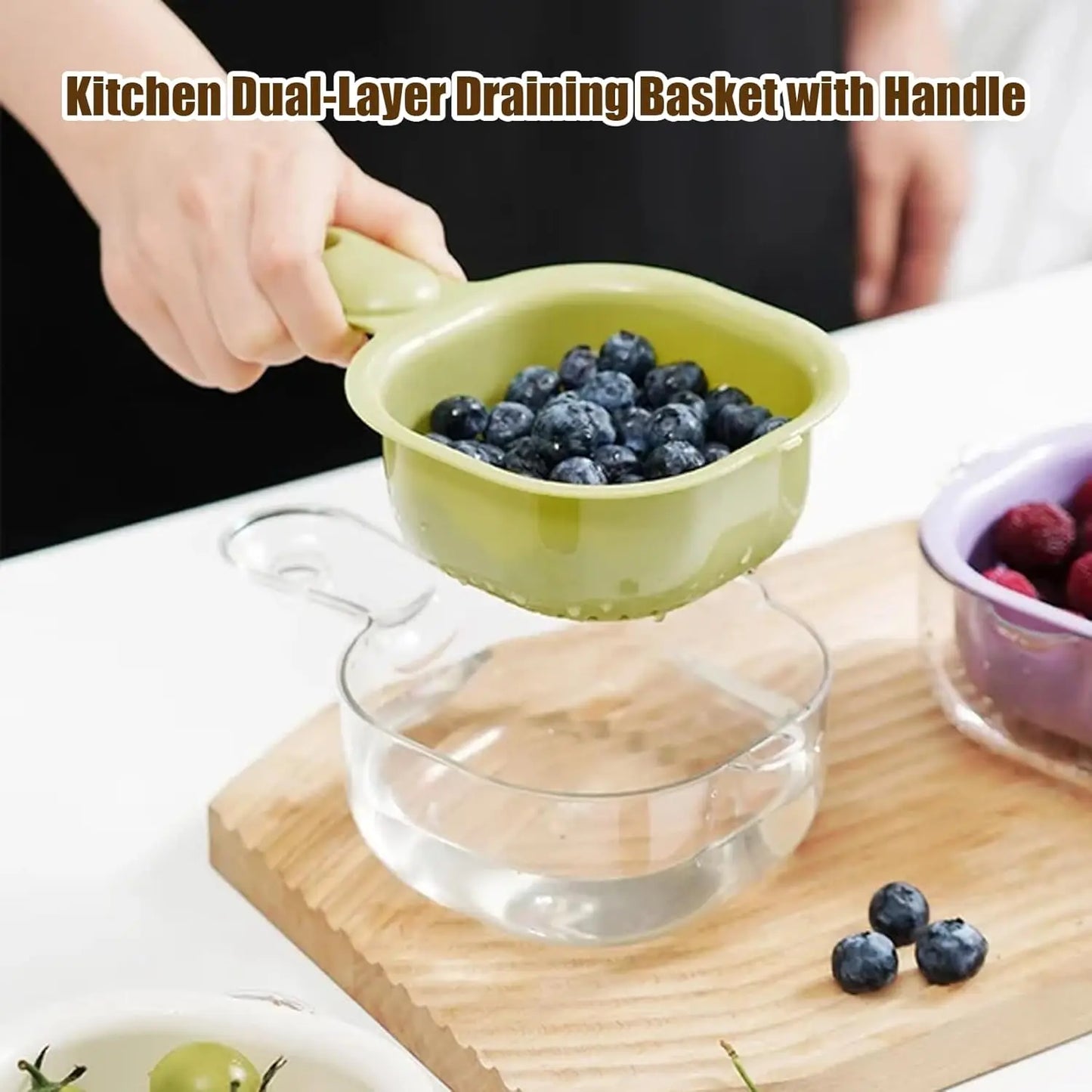 Kitchen Dual-Layer Draining Basket with Handle, Fruits and Vegetables Washing Draining Basket, Portable Multipurpose Draining Ba