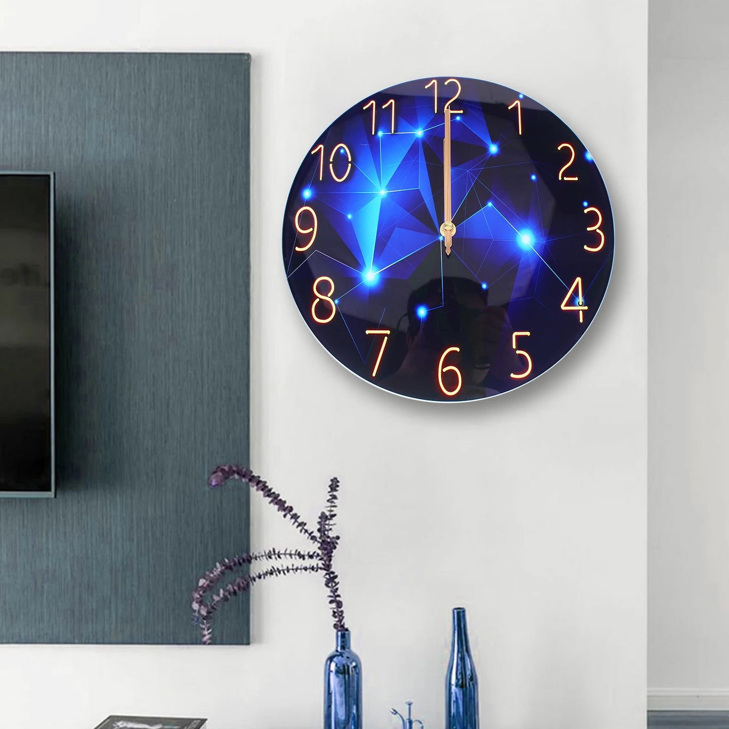 12Inch Wall Clock Silent Large Wall Clock Glass Wall Clock Battery Operated Blue Decorative Wall Clocks