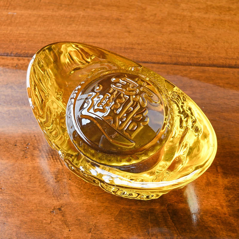 Chinese Style Citrine Ingot Gold Crystal Glass Colored Glaze Wealth Money Feng Shui Craft Figurines Home Decor