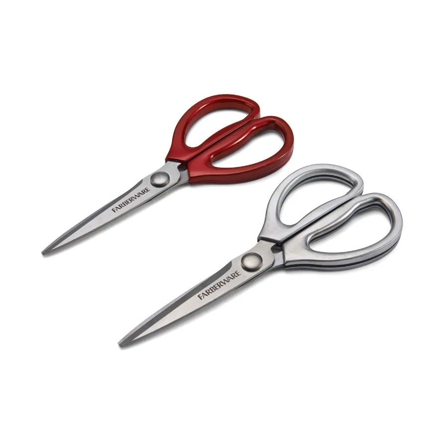 Classic 2 Piece Stainless Steel Kitchen Shear Scissor Set with Metallic Finish and Vibrant Red Handles for Efficient Cutting Pe