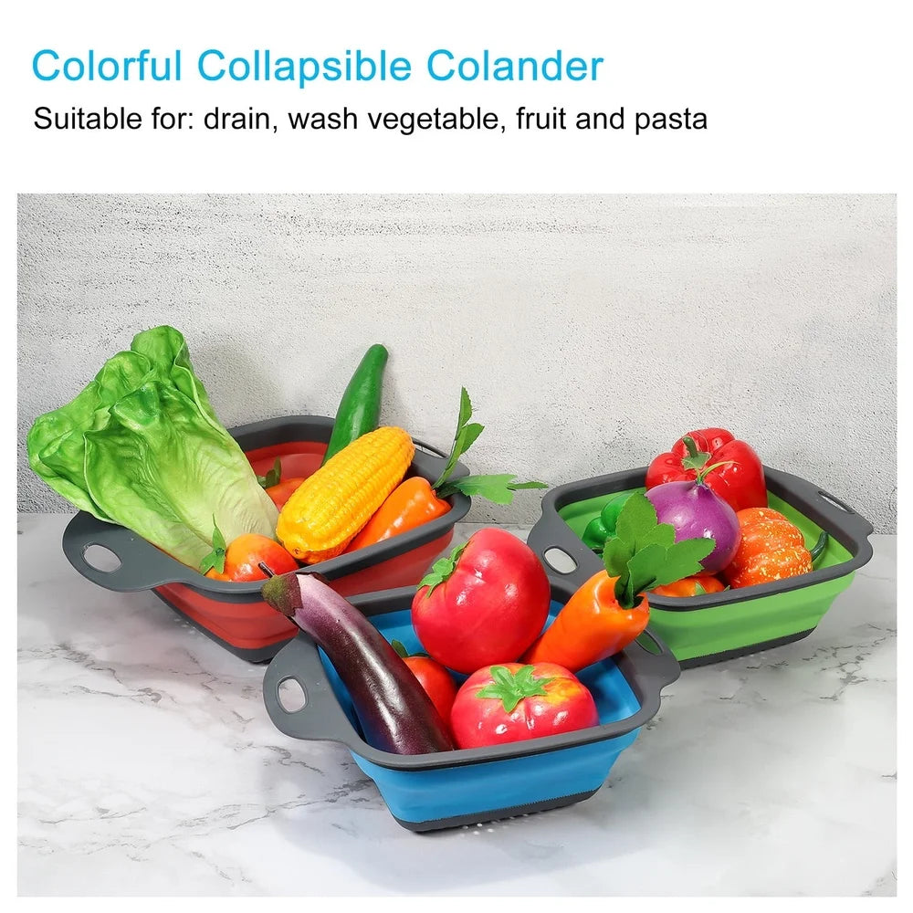 Collapsible Silicone Colander Set Foldable Strainer Quick Drain Double Handle Kitchen Tool Washing & Draining Fruits Vegetables