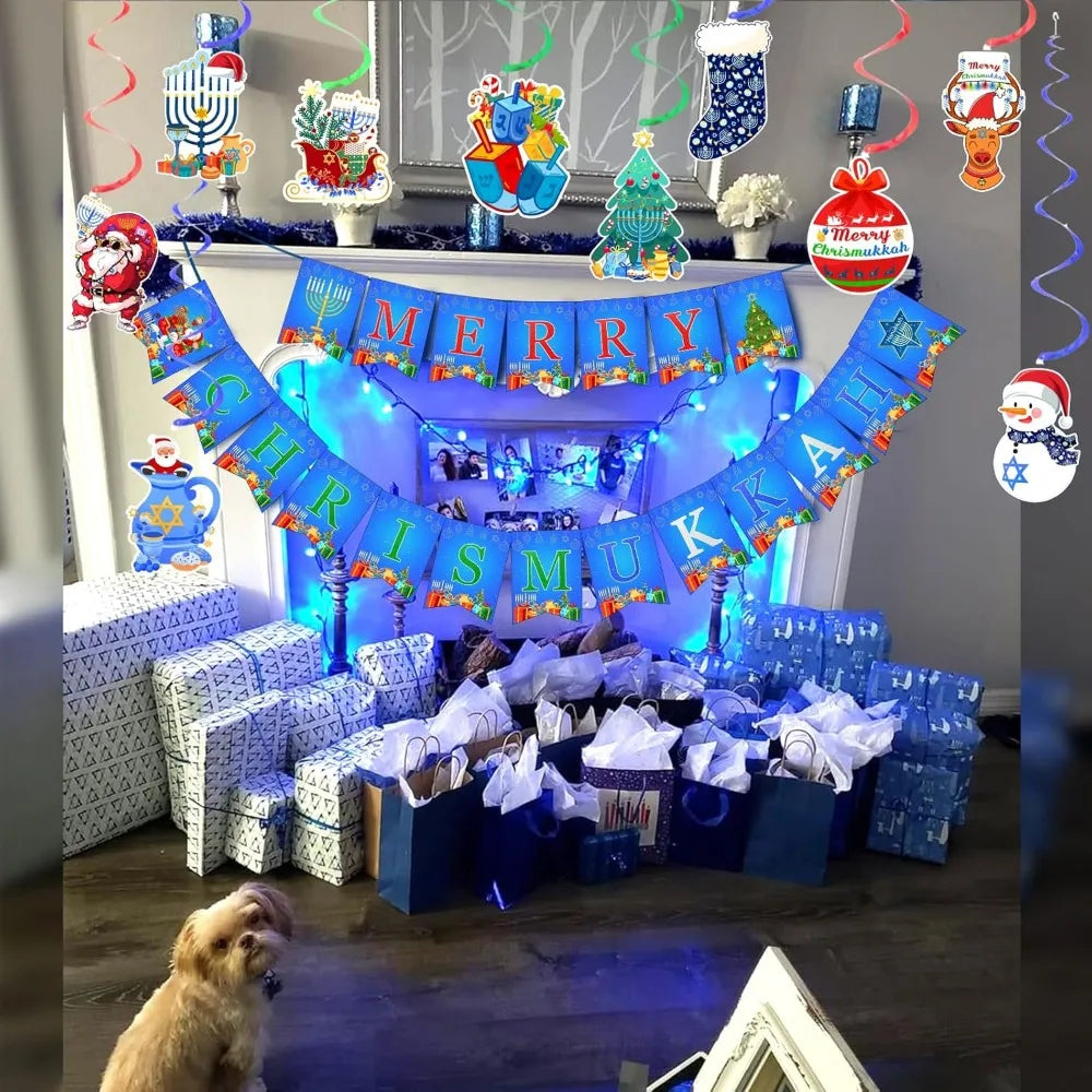 Merry Chrismukka Holiday Party Decorations Kit: Merry Chrismukka Banner and 10 PCS Christmas Xmas Hanukkah Hanging Swirls for I