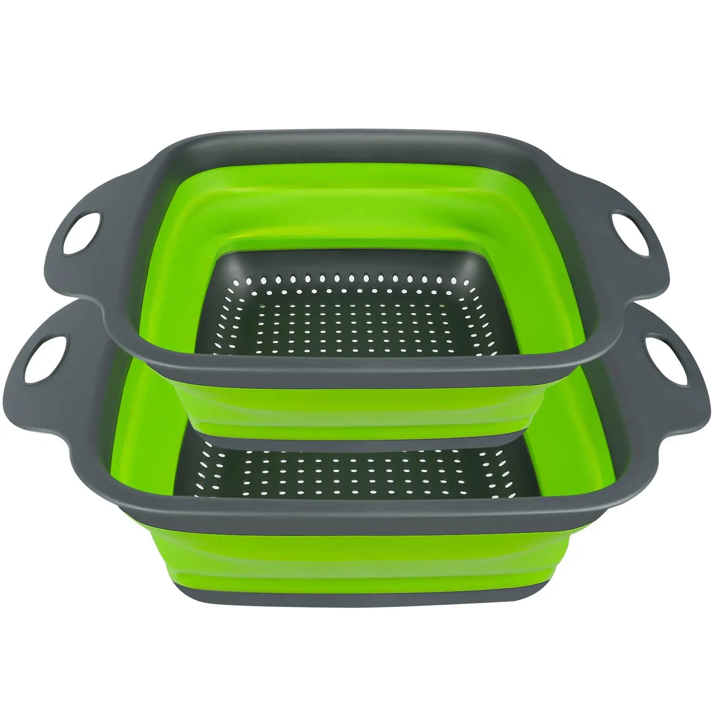 Two-piece foldable square silicone colander set with plastic handles for draining pasta, vegetables, and fruit.