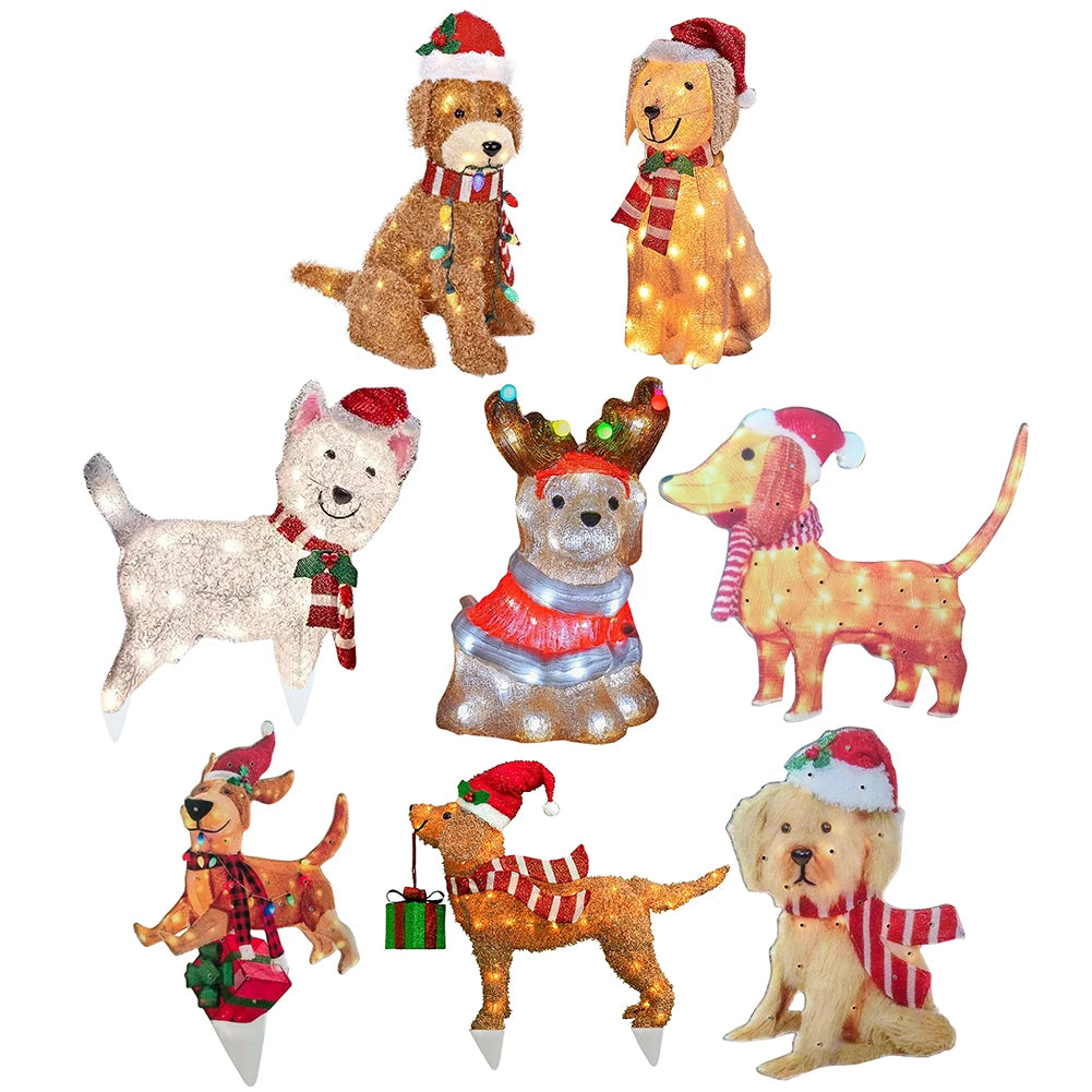 Mimic Dog Shape Sign Waterproof Light Up Puppy Figurine Wearing Xmas Hat Acrylic for Home Garden Front Pathway Walkway