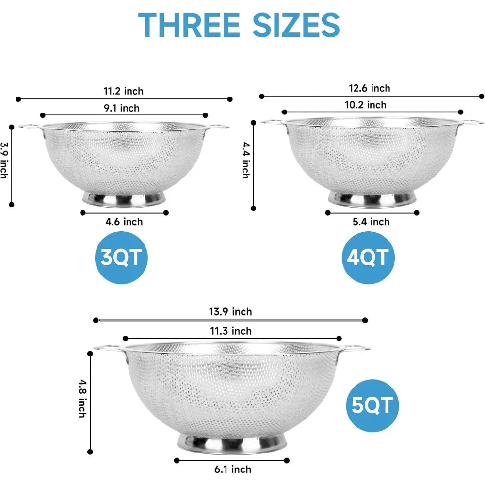 Colander for Kitchen, 3QT, Stainless Steel Colander Strainer with Handle for Fruits Vegetables Cooking Food, Dishwasher Safe