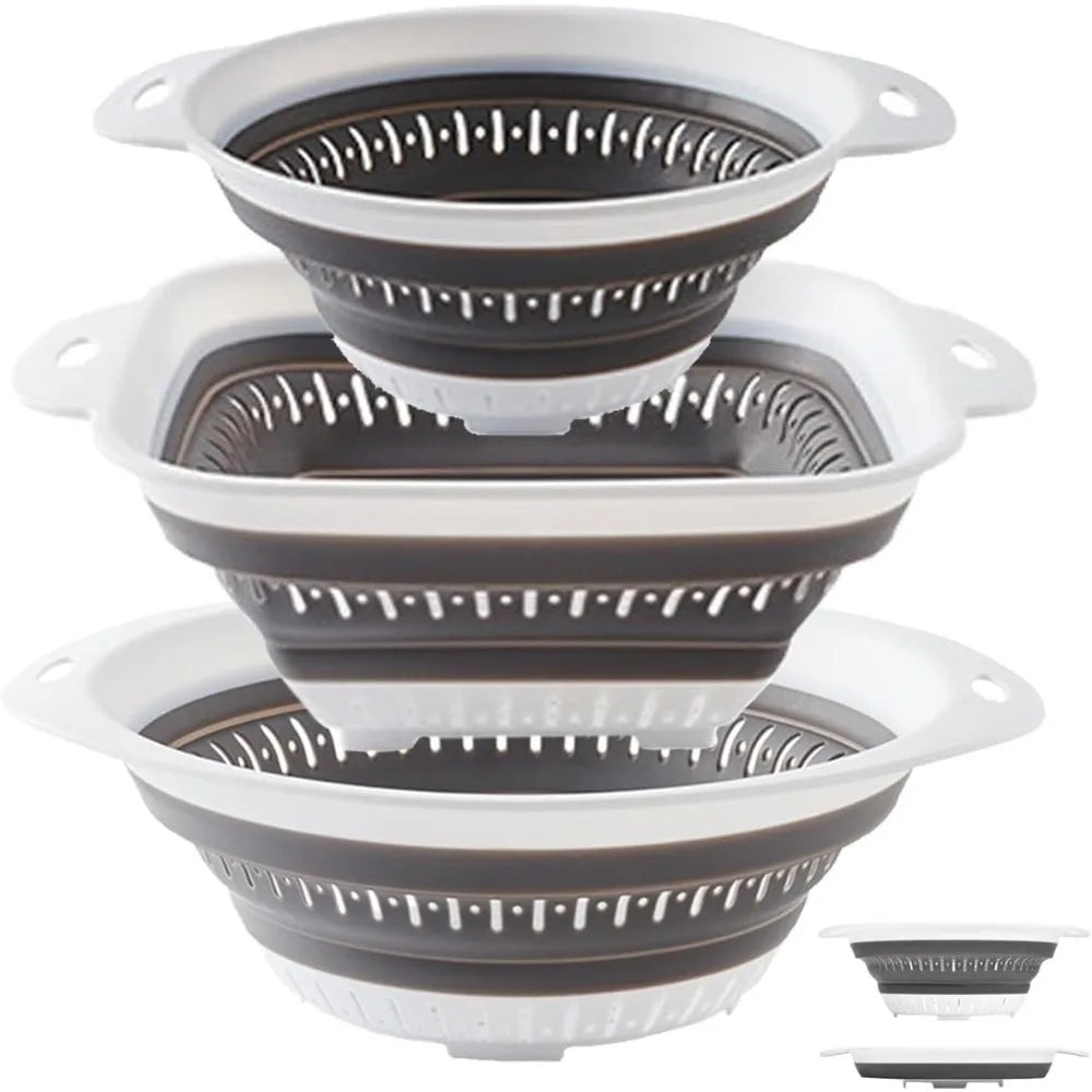 3 Pcs Collapsible Colander and Strainer,Silicone Strainer Colanders & Food Strainers,for Vegetable and Fruit, Kitchen Essential
