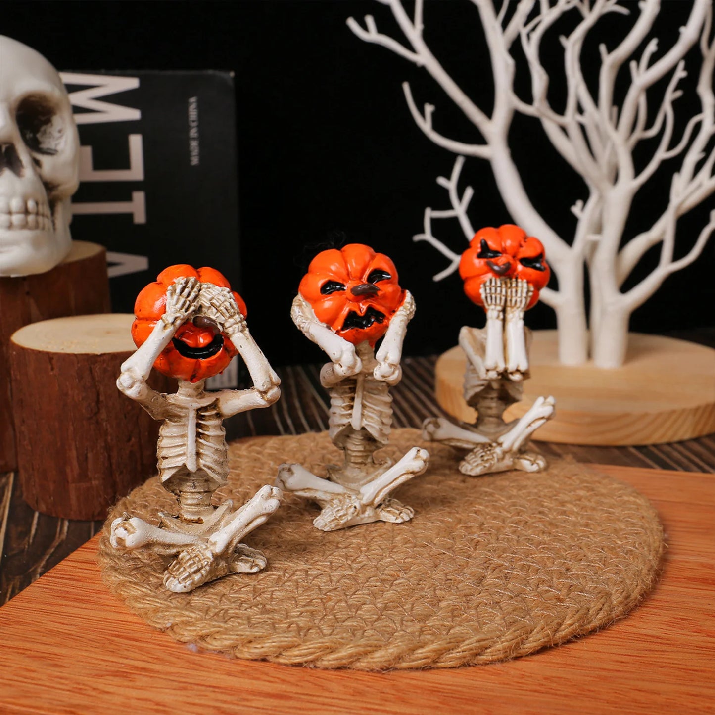 3pcs Halloween Pumpkin Skeleton Yoga Meditation Skull Decor Pumpkin Head Figurine for Home Desk Office Zen Decorations