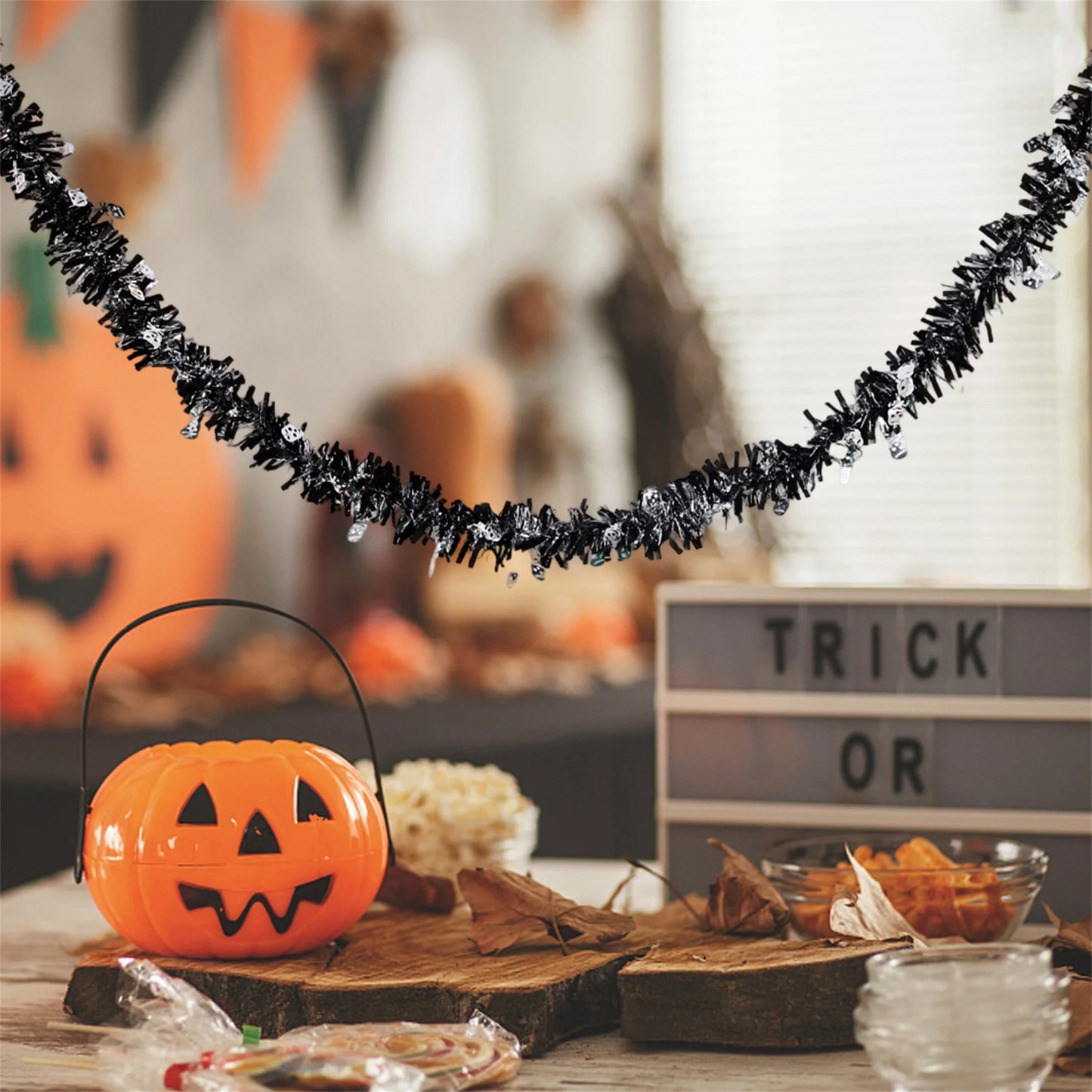 Halloween Spider Web Tinsel Garland with Ghosts Witches Spiders for Mantel Hanging Party Decorations and Wall Art