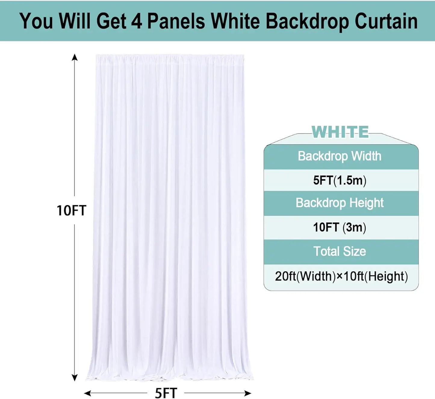 20x10 ft Wrinkle Free White Backdrop Curtains for Parties, Polyester Photo Backdrop Drapes 4 Panels 5x10ft for Wedding Birthday