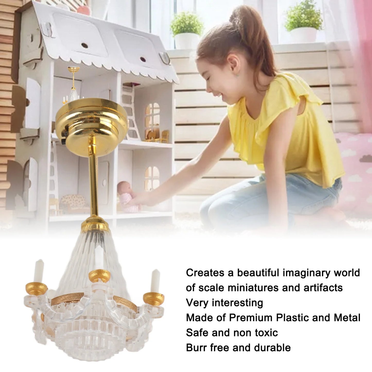 【New】Miniature Chandelier 1/12 Scaled Vivid Decorative Ceiling Lamp with 5 LED Candle for Dollhouse LED Miniature Chandelier