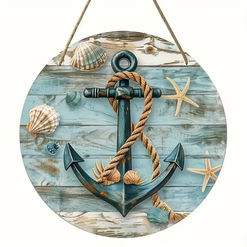 Rustic Round Wreath Sign - Aluminum Beach-Inspired Decor | Ocean Theme for Home|Weatherproof Metal, Nautical Wreath Design