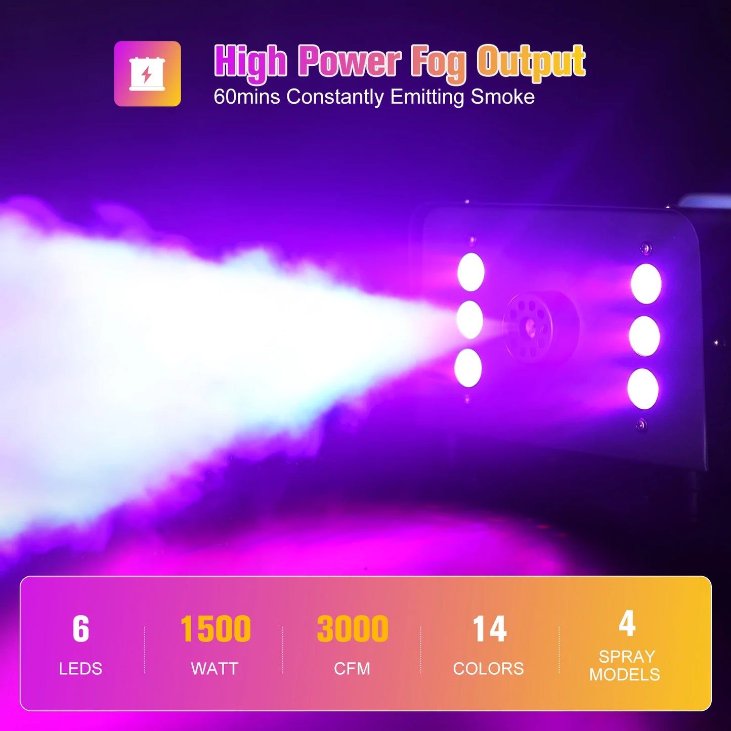U'King 1500W Smoke Machine RGB 6 LED Fog Machine with Remote Control for DJ Disco Party Nightclub Stage Effect Fogger Machine