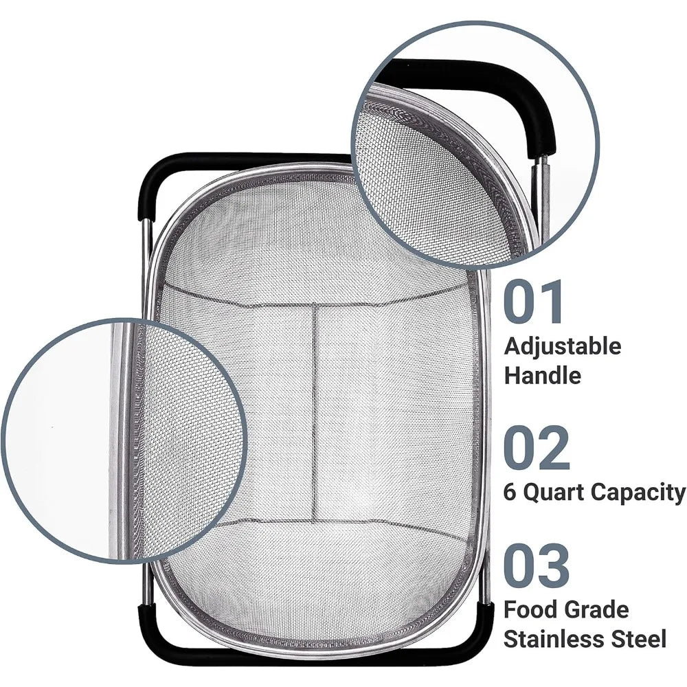 Over the Sink Colander Strainer Basket Stainless Steel, For Kitchen Sink with Rubber Grip, Fine Mesh, Large Kitchen Gadgets Too
