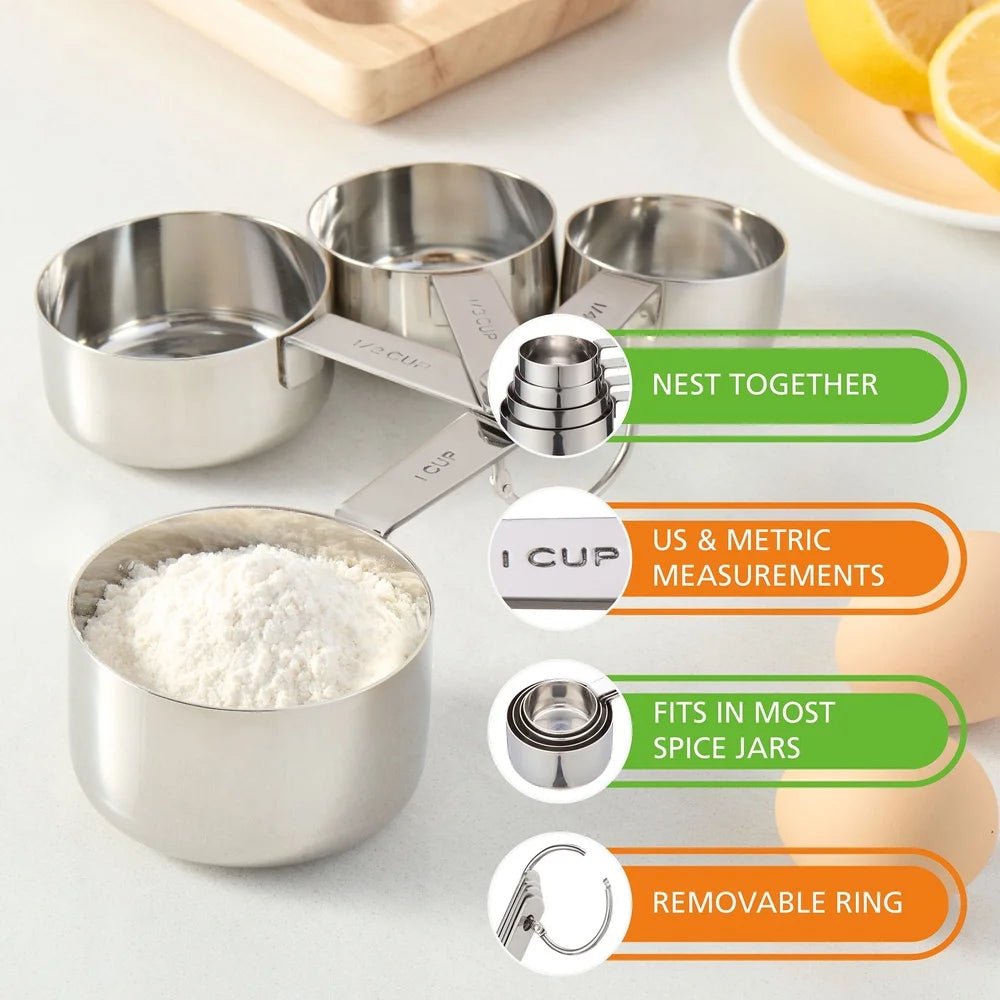 Stainless Steel Nesting Measuring Cups Set of 4 with Handles Locking Ring Engraved Sizes Baking Cooking and Food Preparation