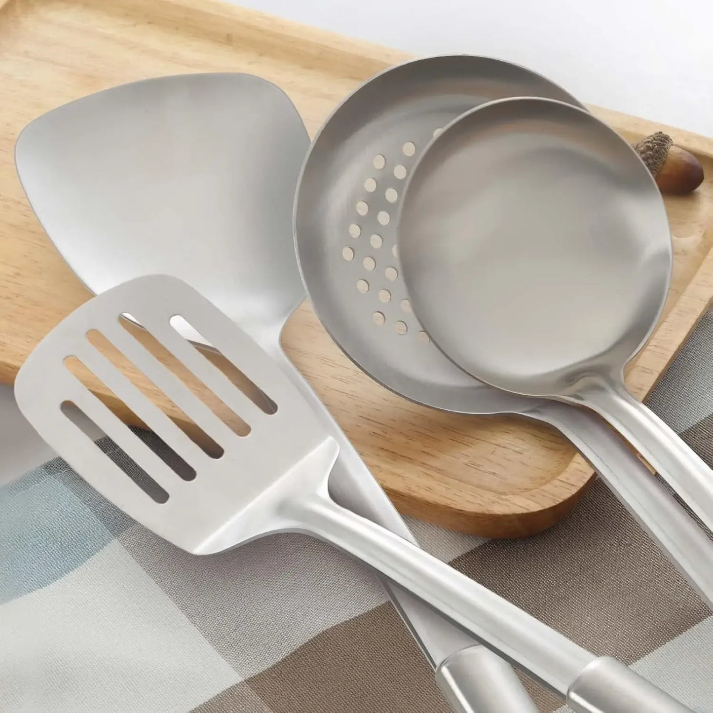 4-Pcs Cooking Utensils Set, Stainless Steel Kitchen Utensils, Wok Utensils Set Include Wok Ladle, Slotted Spoon, Wok Spatula an