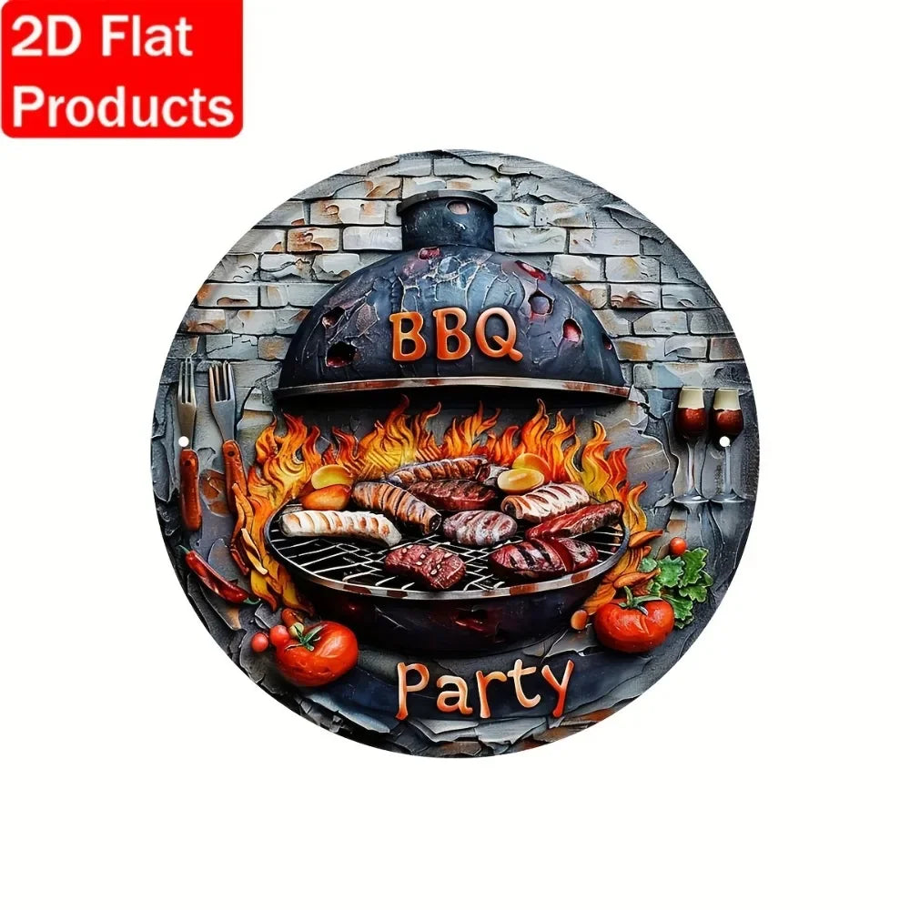 BBQ Party 2D Flat Tin Sign - 8"x8" Vibrant Grill Art, Rustic Porch Camping Decor, Outdoor Themed Gatherings, 1pc