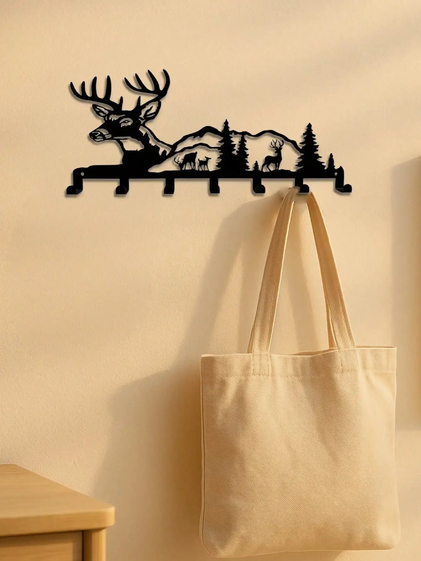 "Boho Deer & Forest Woodland Wall Key Holder – Rustic Entryway Organizer, Nature-Inspired Decor & Gift"
