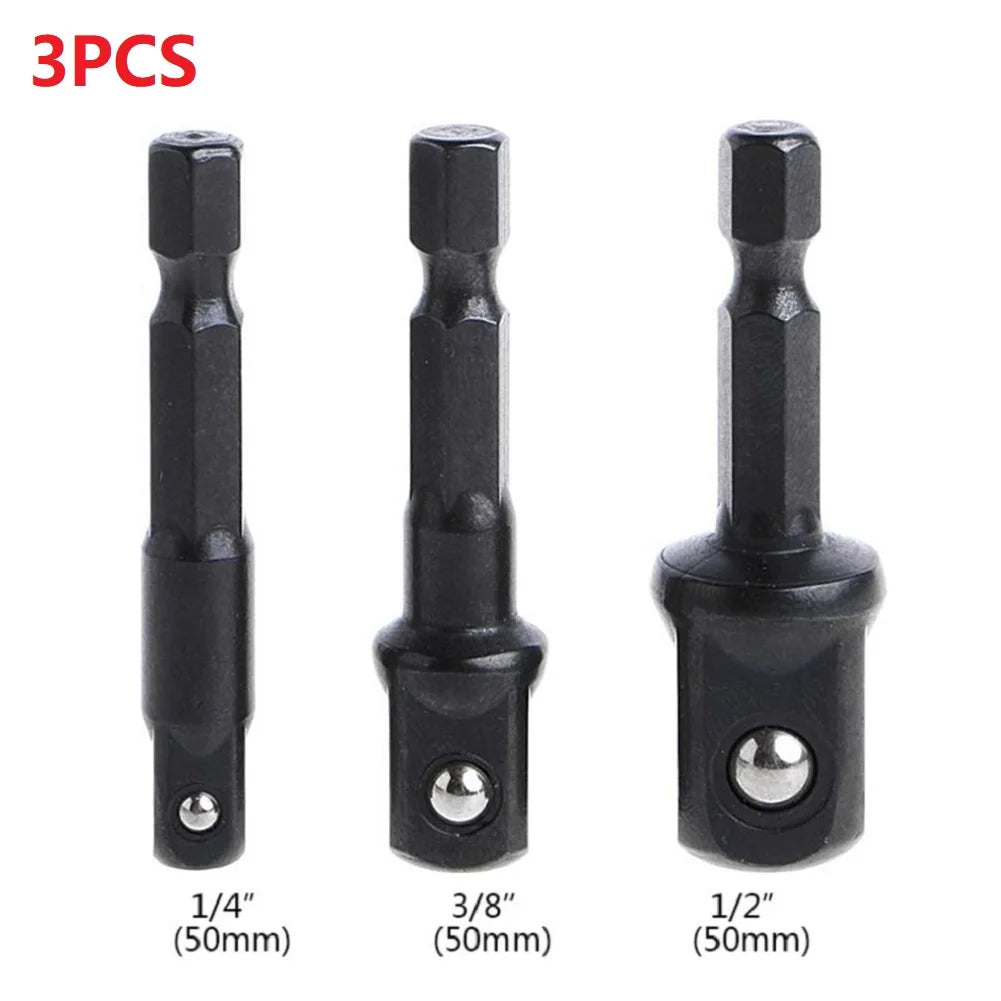 3Pcs Impact Socket Adapter 1/4 3/8 1/2 Inch Nut Driver Sockets Hex Shank Extension for Screwdriver Handle Tool
