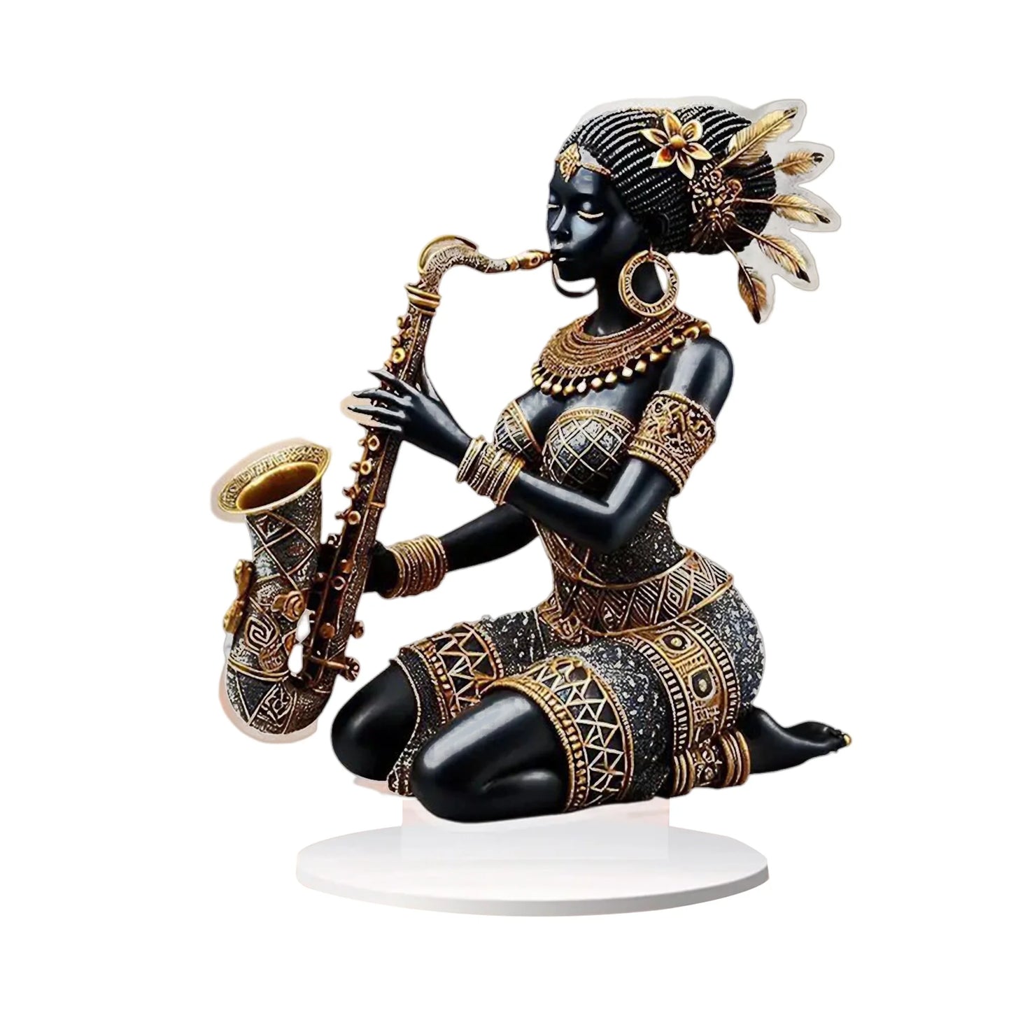 African Lady Figurine Sculpture with Saxophone Musical Instrument Handcrafted Tribal Art Statue for Home Office Decor and